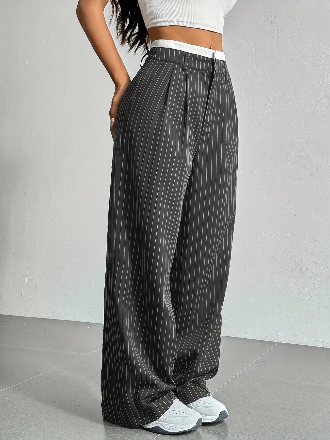 Fashion Pants Women's Stripe Straight Pants 2024 Autumn Winter High Waisted Casual Suit Pants Office Lady Women Trousers Bottoms BAZAARHUBO