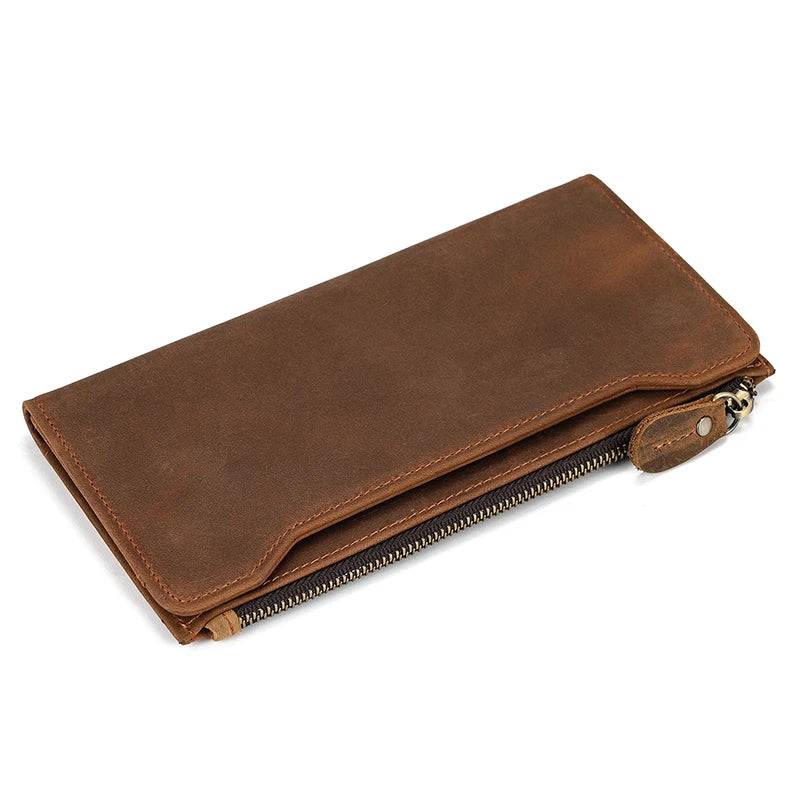 Men's Crazy Horse Leather Long Wallet Brown Real leather Trifold clutch snap purse Hasp purse with Phone pocket and coin pocket