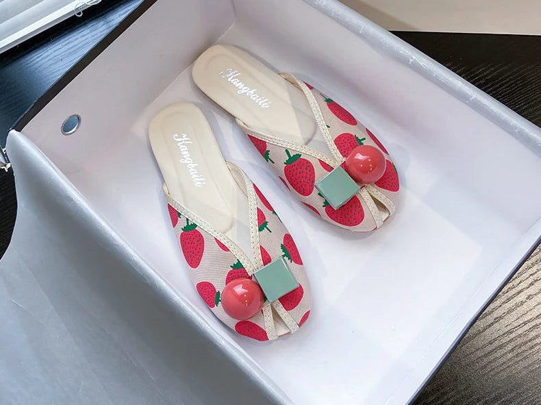 Slides Kawaii Shoes Round Toe Cute Women's Slippers and Ladies Sandals Mules Summer 2025 Flat Outside Comfortable Elegan Y 39 W