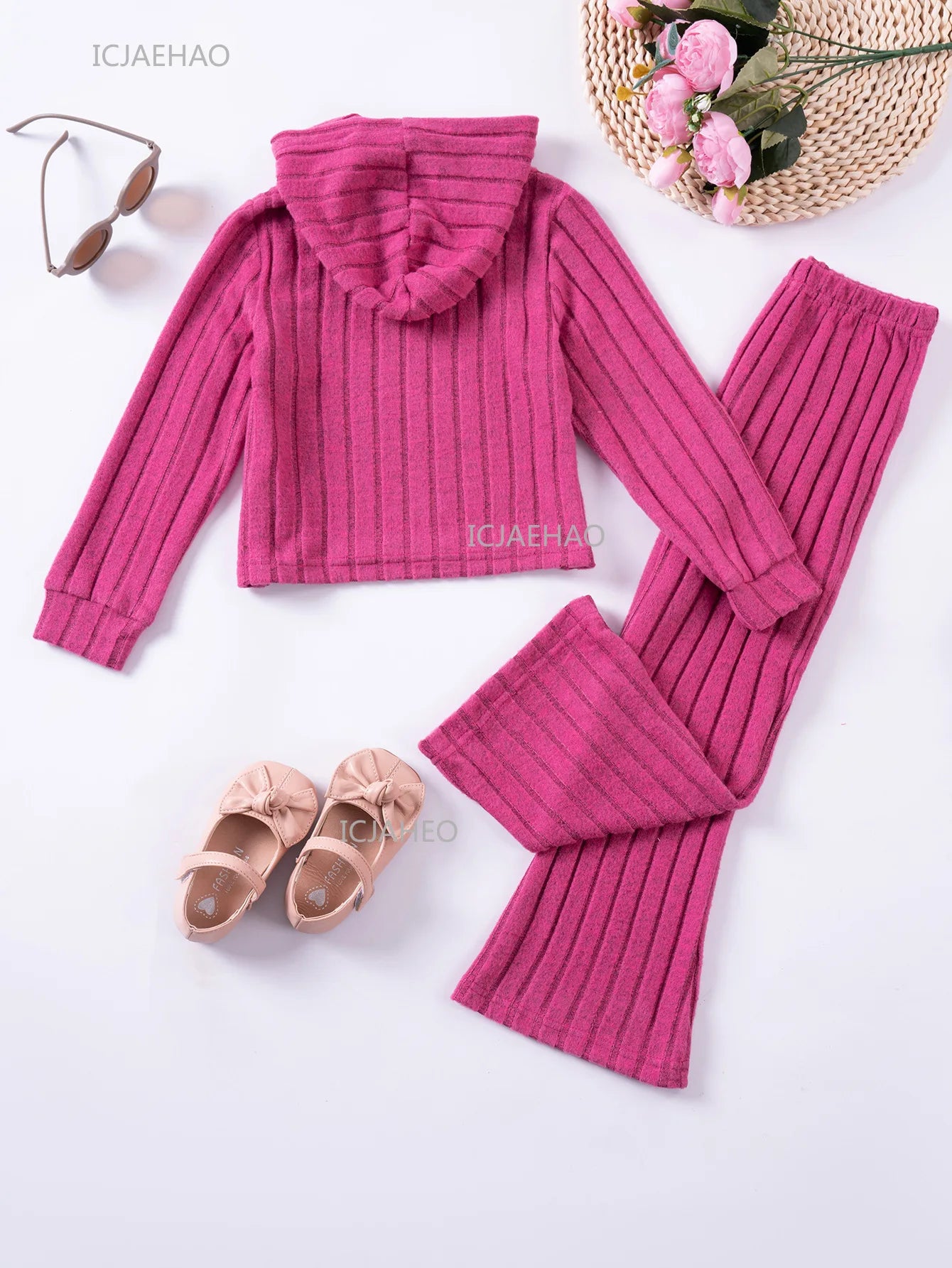 Girls Children Outfit Set Hooded Knit Sweater Long Sleeve Solid Pants Casual Clothing for Kids Toddler Daily Wear Autumn Spring