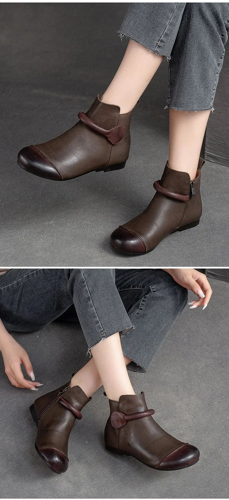 Retro Women Short Ankle Boots 2024 Autumn Winter Faux Cow Leather Slip-on Shoes Handmade Round Toe Light Weight Flat Booties