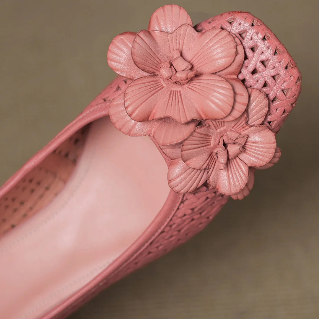 Plus size 41 women's hollow-out sheepskin square toe slip-on pumps 4cm thick med heel elegant ladies flower summer heels sandals