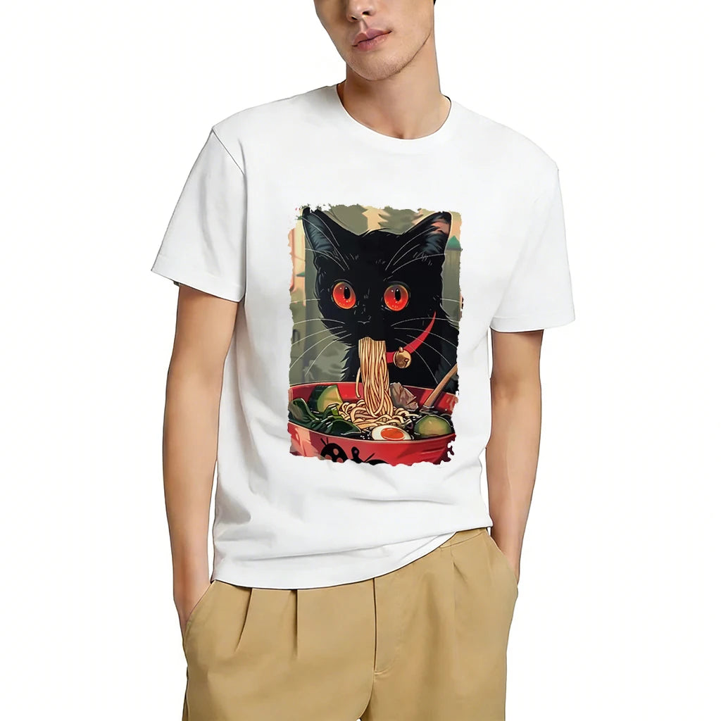 Japanese Anime-Style Ramen Black Cat Graphic T-Shirt Kawaii Animal Print Casual Daily Home Tees Classic O-Neck Short Sleeve Tops