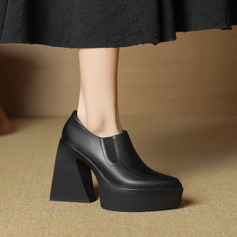 Aucegi New Spring Autumn Women Genuine Leather Pumps Classic Style Pointed Toe Platform Chunky Heel Retro Zipper Handmade Shoes