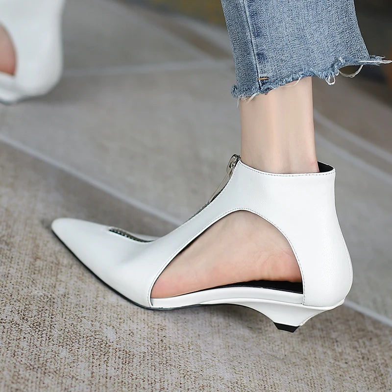 Original Design 2025 Spring Leather Women's Casual Black White Summer Boots Trendy Fashion Boots High Heels Zipper Shoes Woman