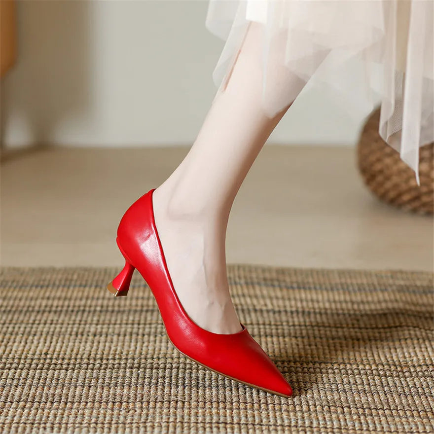 Soft Leather Concise Ladies Office Shoes 2026 Spring Shallow Comfort 6.0cm High Heels Women Pumps Dress Pointy Toe Wedding Shoes