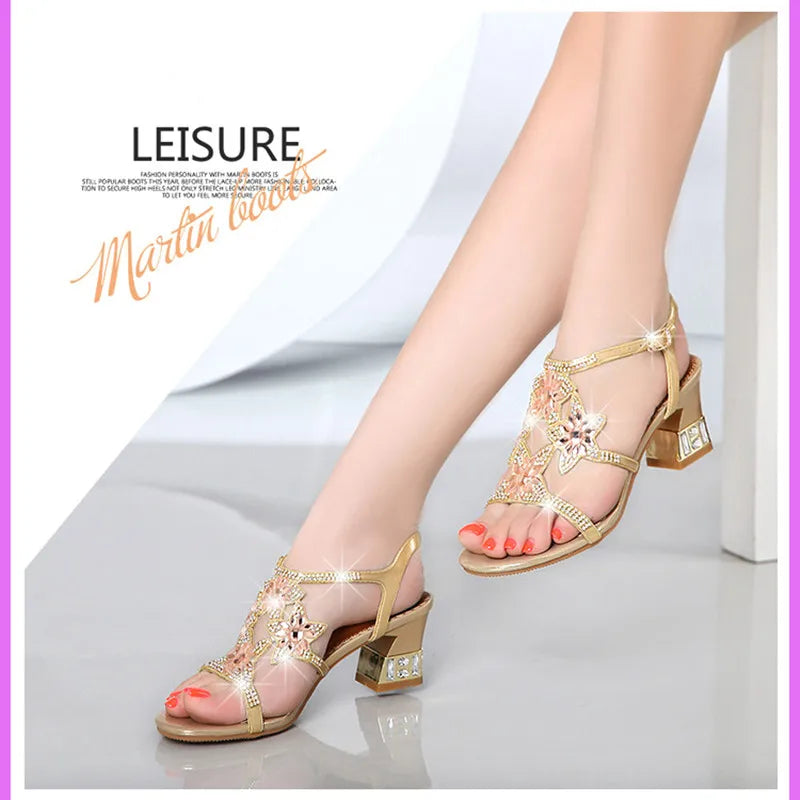 Comemore Ladies Low Block Heel Women's Sandal with Diamonds Outdoor Beach Shoes New Fashion Heeled Sandals High Heels Luxury 33