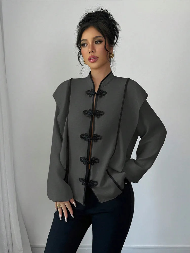 fashion Europe America Features Chinese Knot Design Long-sleeved Ethnic Style Which Casual The New Cross-border Women Shirt