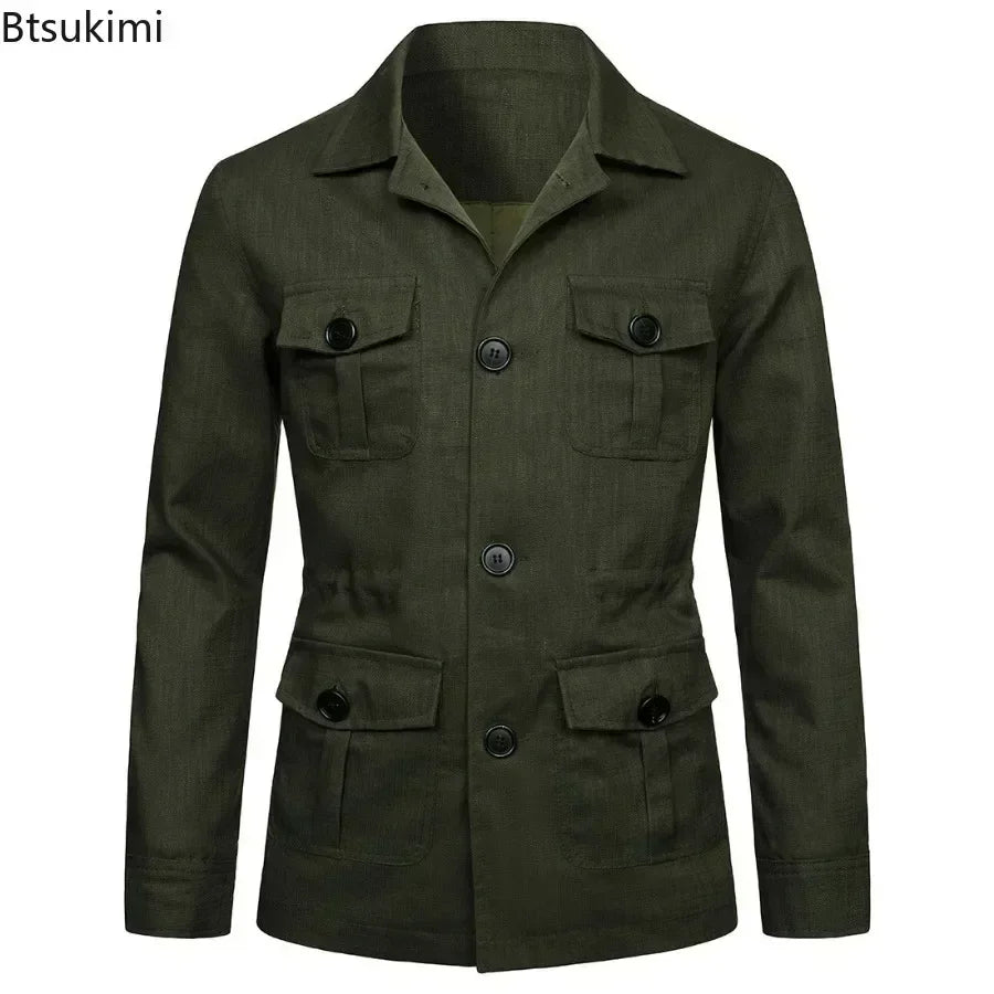 2026 British Style Men's Linen Safari Jackets Fashion Vintage Multi Pockets Cargo Jacket Streetwear Gentry Casual Outerwear Male