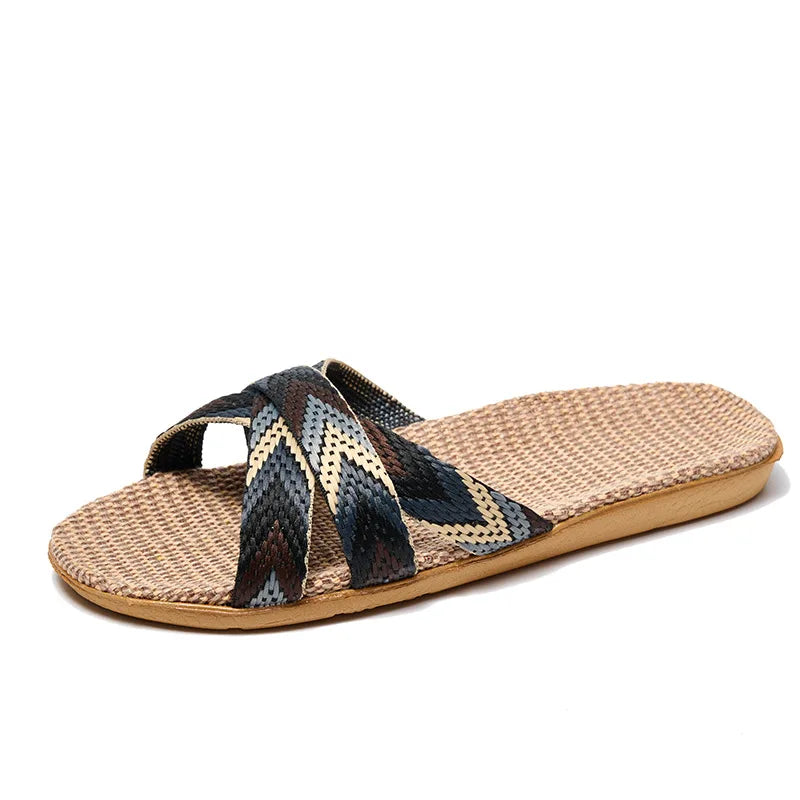Summer Women Linen Slippers Home Ladies Lightweight Indoor Anti Slip Shoes Thick Sole Beach Slides Bohemian Style