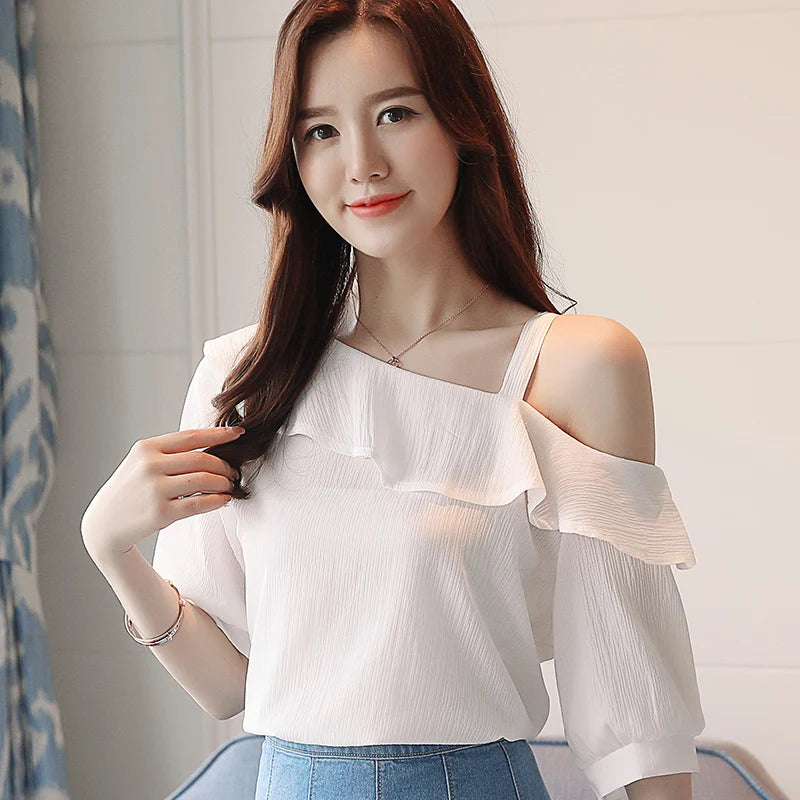 Women's One Shoulder Ruffles Chiffon Blouse Shirt Short Sleeve Pullover Acetate
