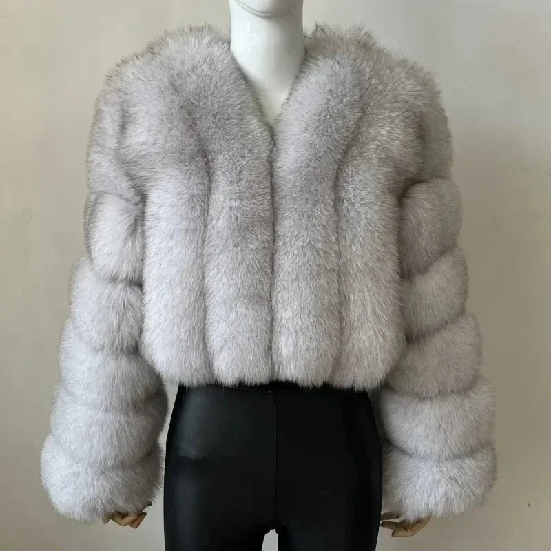 Faux Fox Fur Coat V-Neck Winter Woman Long Sleeve Warm Winter Coat Women Fashion Luxury New Fur Jacket Teddy Chic Outwear 2024