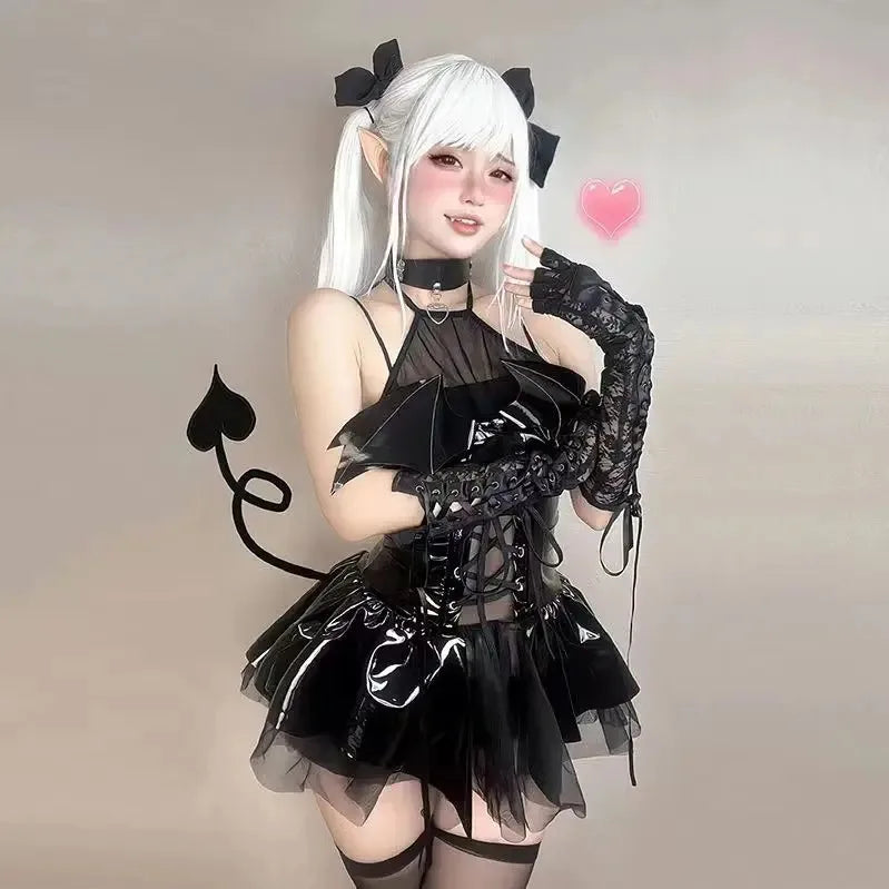 Sexy Cosplay Pu Dress Women Harajuku Streetwear Grunge Bandage Hollow Out Bats Dress Punk Y2k E-girl Mall Gothic Clothes