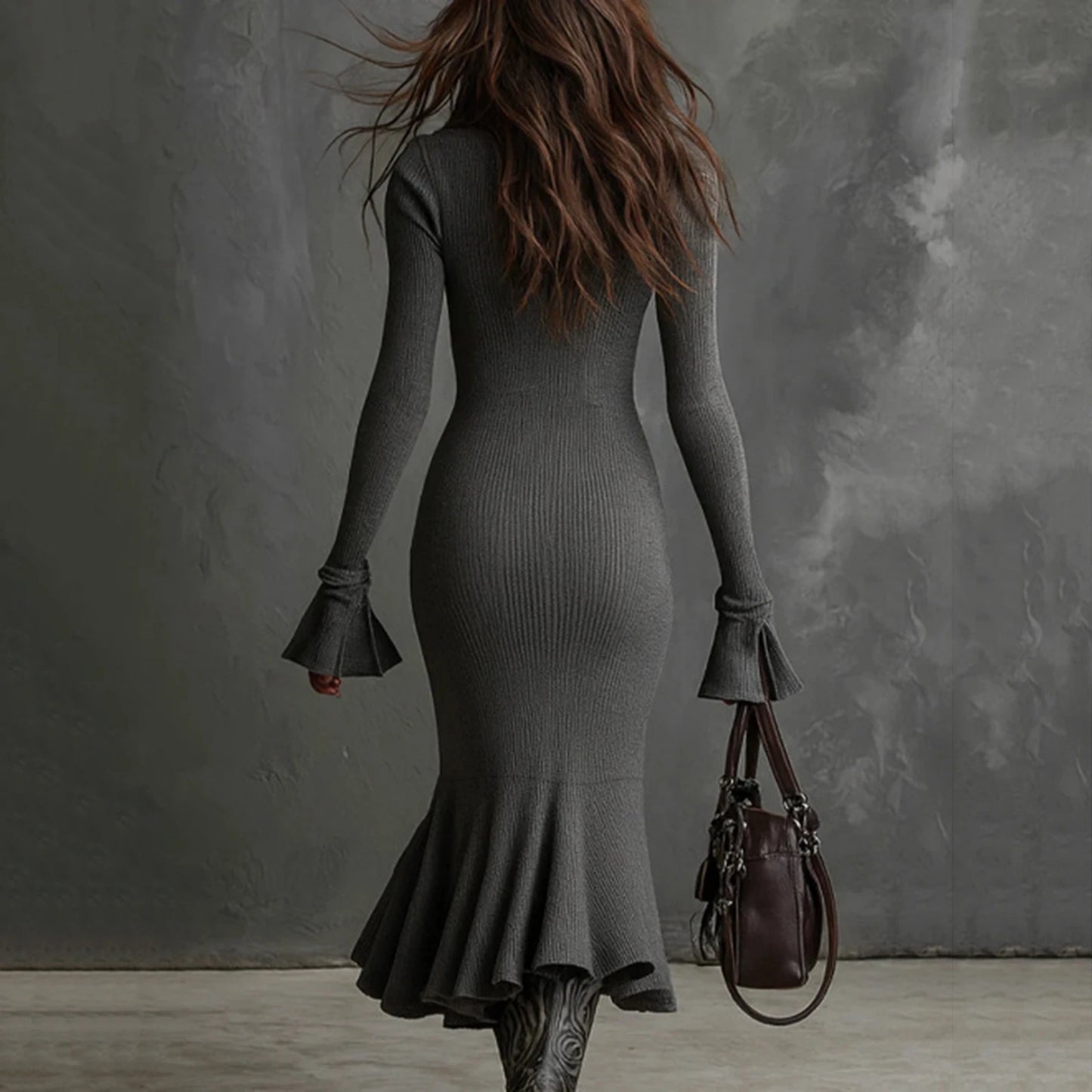 Fall Winter Sweater Dress Quarter Zip Bell Sleeve Mermaid Knit Bodycon Long Dress Trendy Chic Slim Fit Flared Hem Party Dress