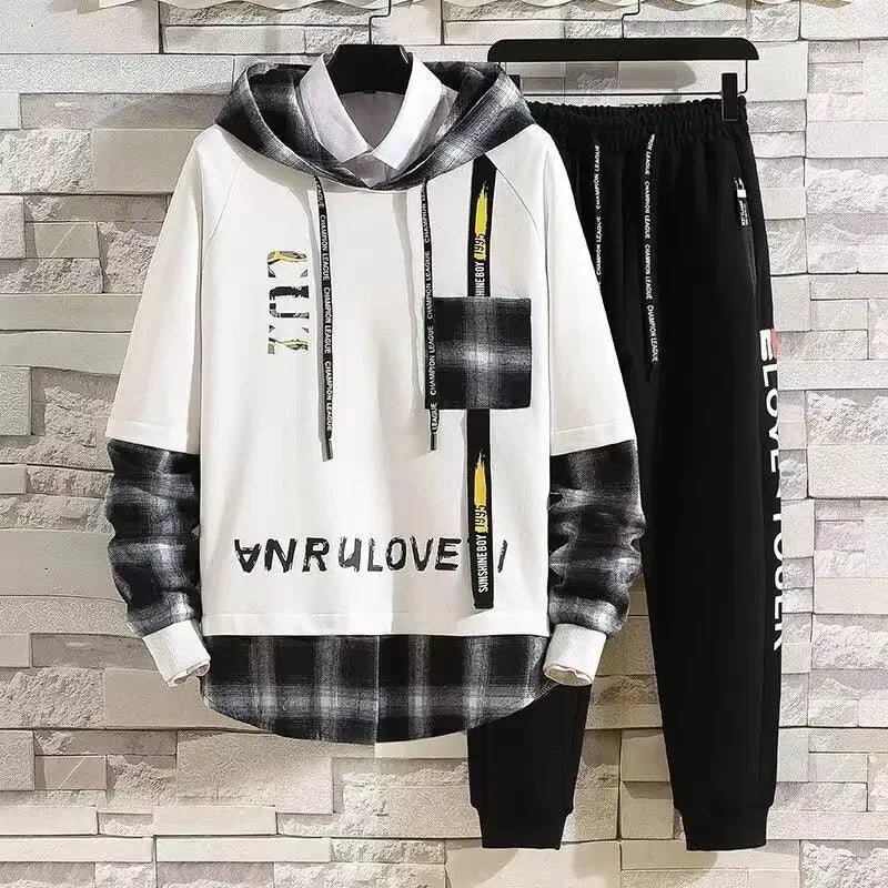 Sports Suits Jogging Male T Shirt Alphabet Pants Sets Hooded Clothes for Men Plaid Top Stylish Tracksuit Original Brands Cool S