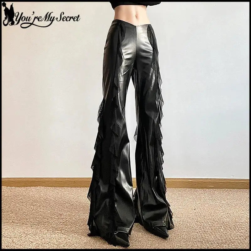 Punk Style PU Leather Pants Gothic Black Lace-paneled Trouser Sexy High-waisted Slim Flared Pants 2026 Summer Women's Clothing