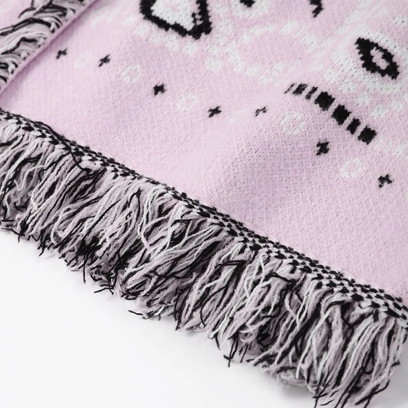 2026 Spring Tassel Knitted Jacquard Women's Cardigans Loose Patchwork V-neck Long Sleeve Thick Warm Sweater Lady New Knitwear