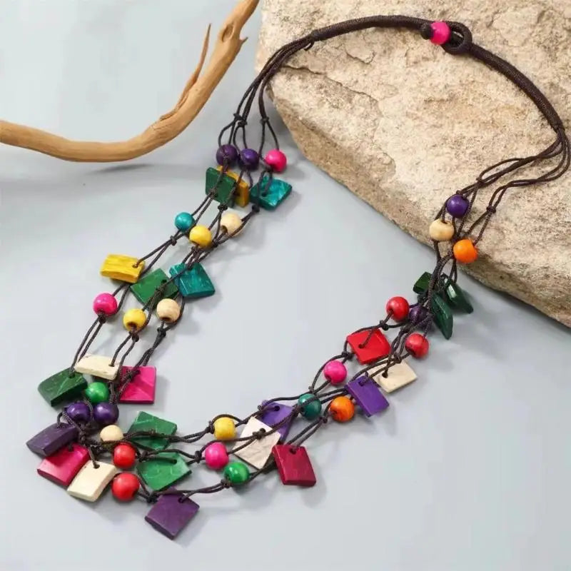 Multilayer Colorful Irregular Pendant Necklace African Styles Wood Beads Jewelry Accessory for Women Casual Wear