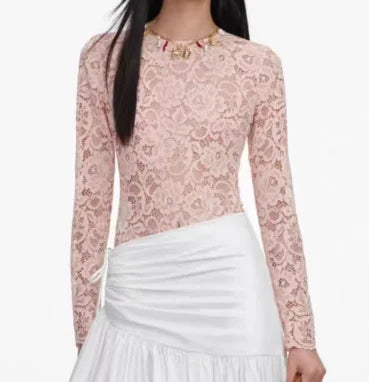Women fashion set Pink lace jumpsuit tops + high waist asymmetrical white long skirt