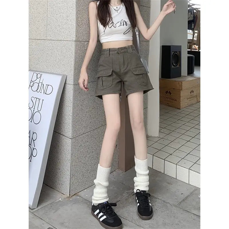 Straight Cargo Shorts Women Fashion American Retro Simple Leisure All-match Hot Summer Streetwear Mid Waist Pockets Designer Ins