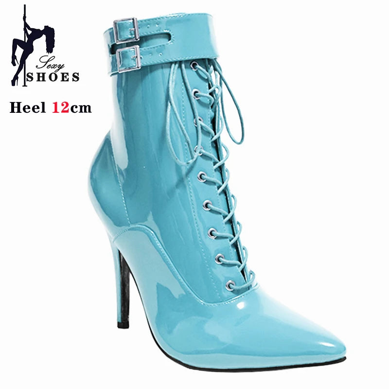 Cross-tied Pink Pointed Toe Ankle Boots 12cm Sexy Fetish Stripper Shoes Patent Leather ZIP Short Boots Women Heels Plus Size 46