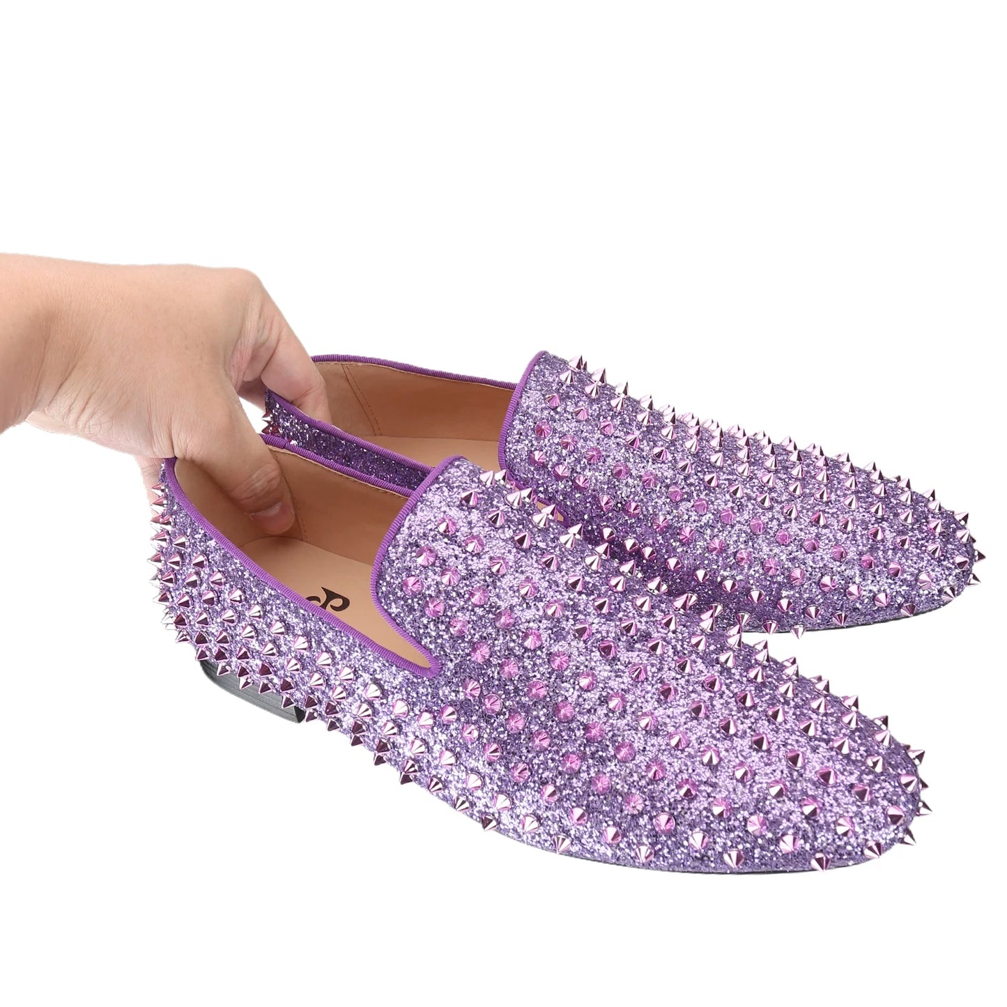 Piergitar Handmade Purple Spikes Men's Loafers For Party and Banquet Wear CL Same Classic Model Red Outsole Slip-On Flats