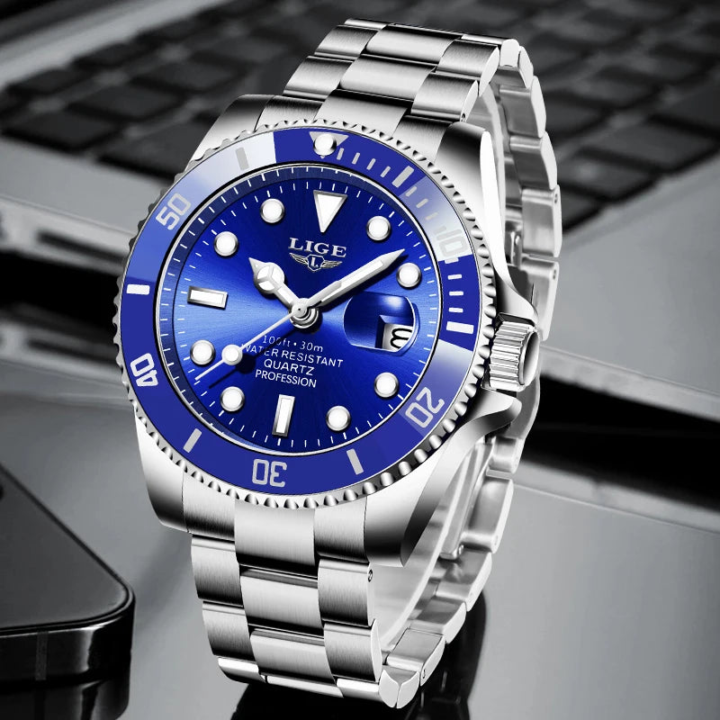 LIGE Top Original Men Quartz Watches Blue Waterproof Watch for Men Stainless Steel Quartz Men Luxury Watch Luminous Wristwatch