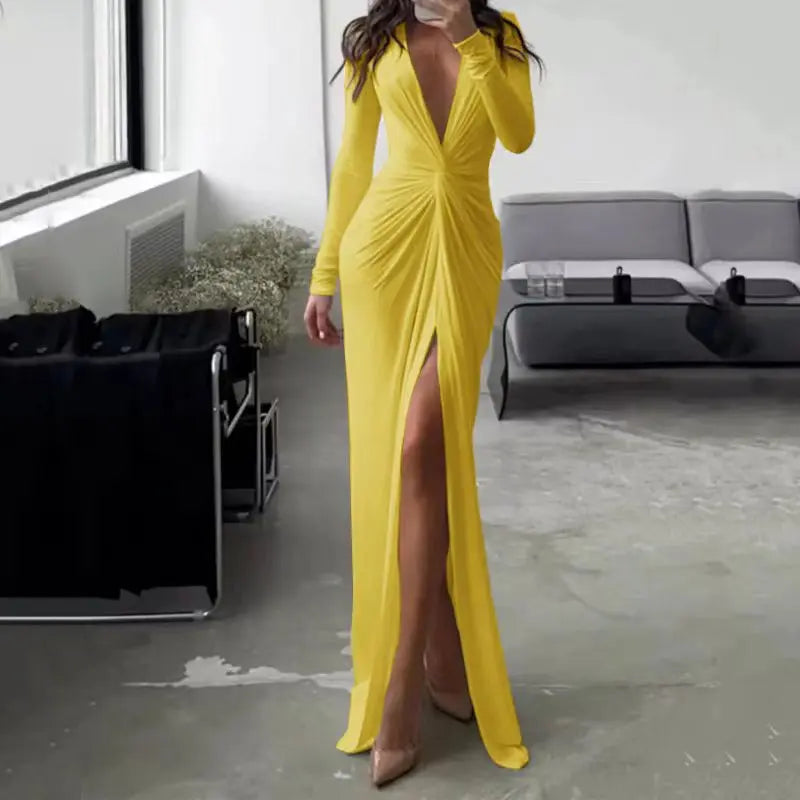 Women Maxi Dress Autumn 2023 New Fashion Sexy Slit V Neck Long Sleeve Solid Slim Pleated Evening Party Prom Dresses