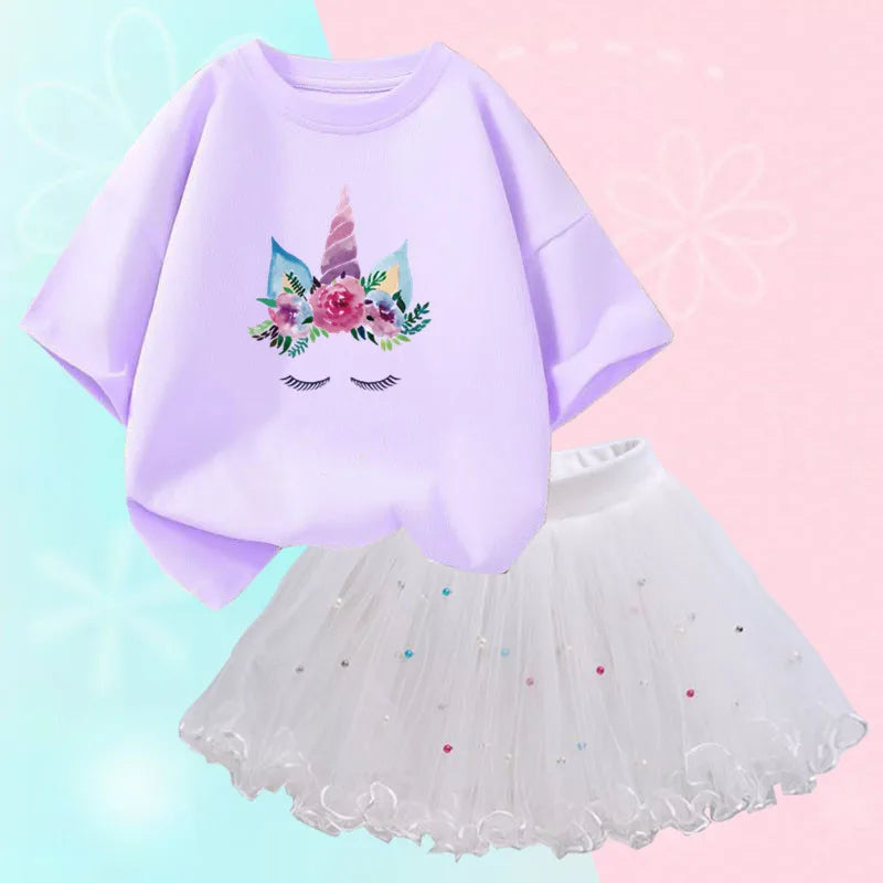 Dresses For Girl Summer Fashion Wear Outfit Kids T-Shirt Suit Unicorn Party Baby Costumes For Children Tulle Tutu Skirt Clothing