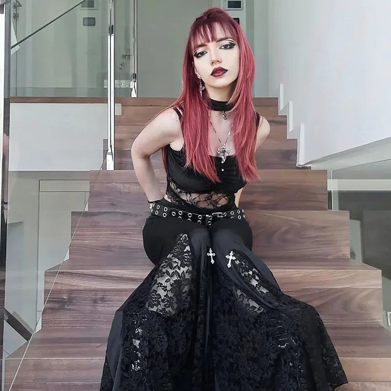 Goth Mall Flare Pants Sexy Black Lace Patchwork High Waist Vintage Harajuku Hippie Punk Grunge Streetwear  Y2k Pants