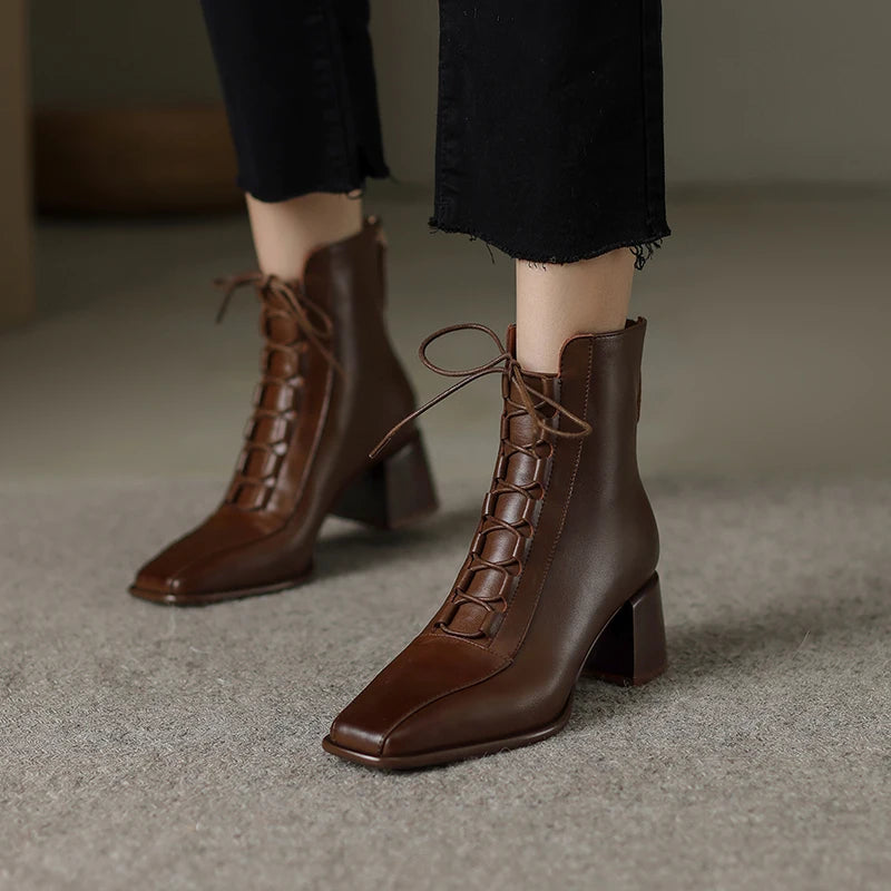 2026 Fashion Women Shoes Split Leather Short Boots Square Toe Chunky Boots Winter Shoes Women Solid High Heel Boots for Women