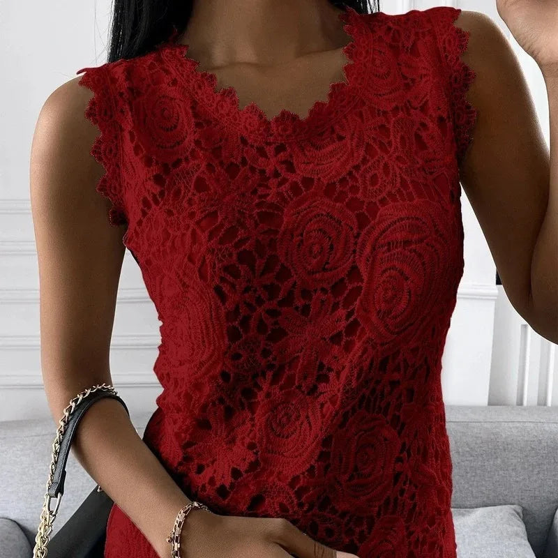 Summer Floral Lace Sleeveless Blouse O Neck Tank Top For Women Rose Pattern