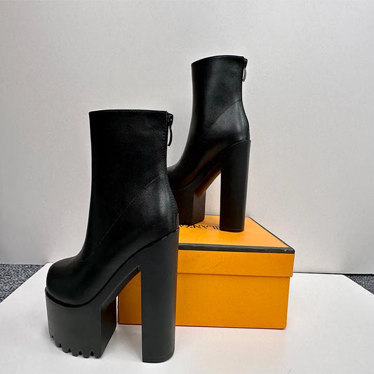 16CM Super High Heels Motorcycle Boots New Square Heel Platform Women Ankle Boots Sexy White Pleated Back Zipper Short Boots