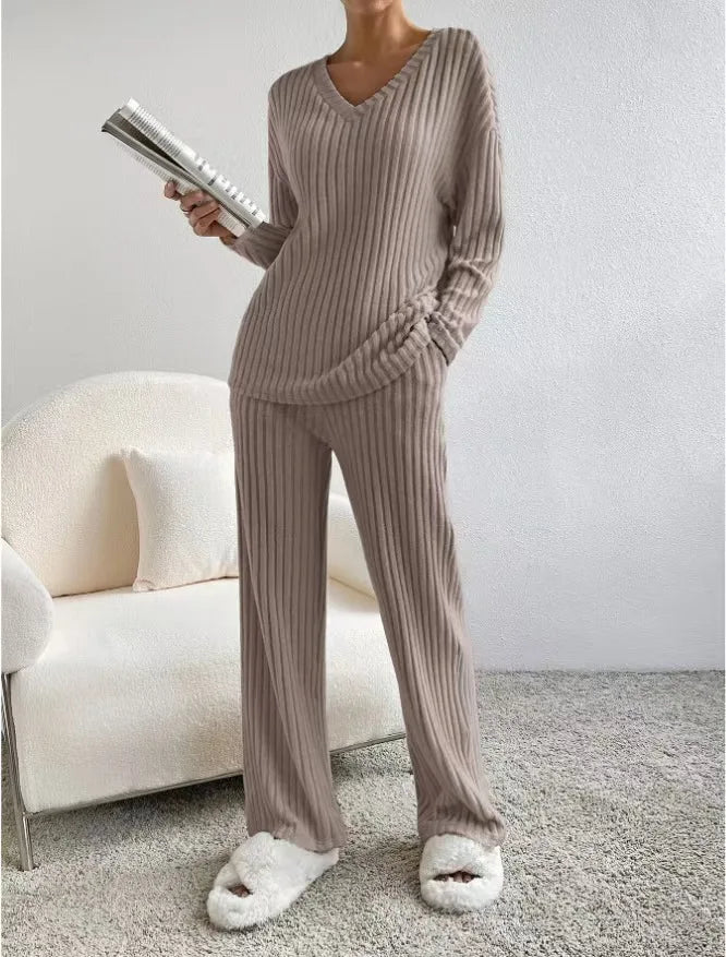 Fashionable Knitted Two-Piece Set Casual V-Neck Long Pants Autumn Winter New Style Loose Fit Korean Style Comfortable Polyester