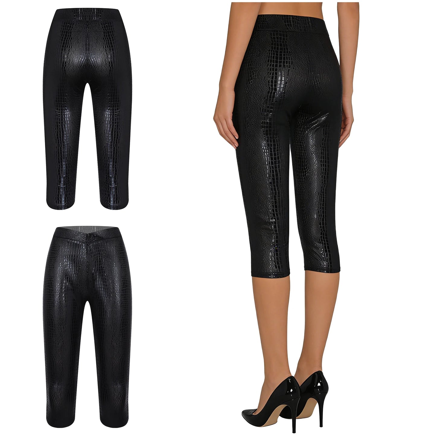 Womens Tights Skinny Pants Metallic Shiny Snake-skin Pattern Capri Pants V-shape Elastic Waistband Rave Party Nightclub Costume