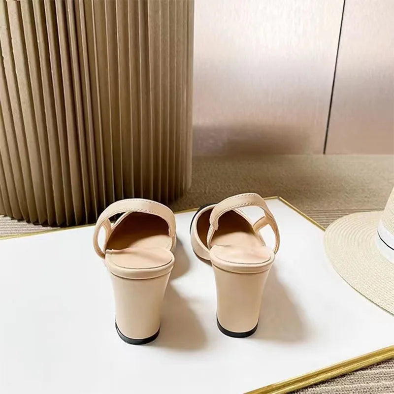 2023Spring Autumn Fashion High Heels Sandals Women's Dress Square Toe Slingback Shoes Women's Color Block Back With Flat Sandals