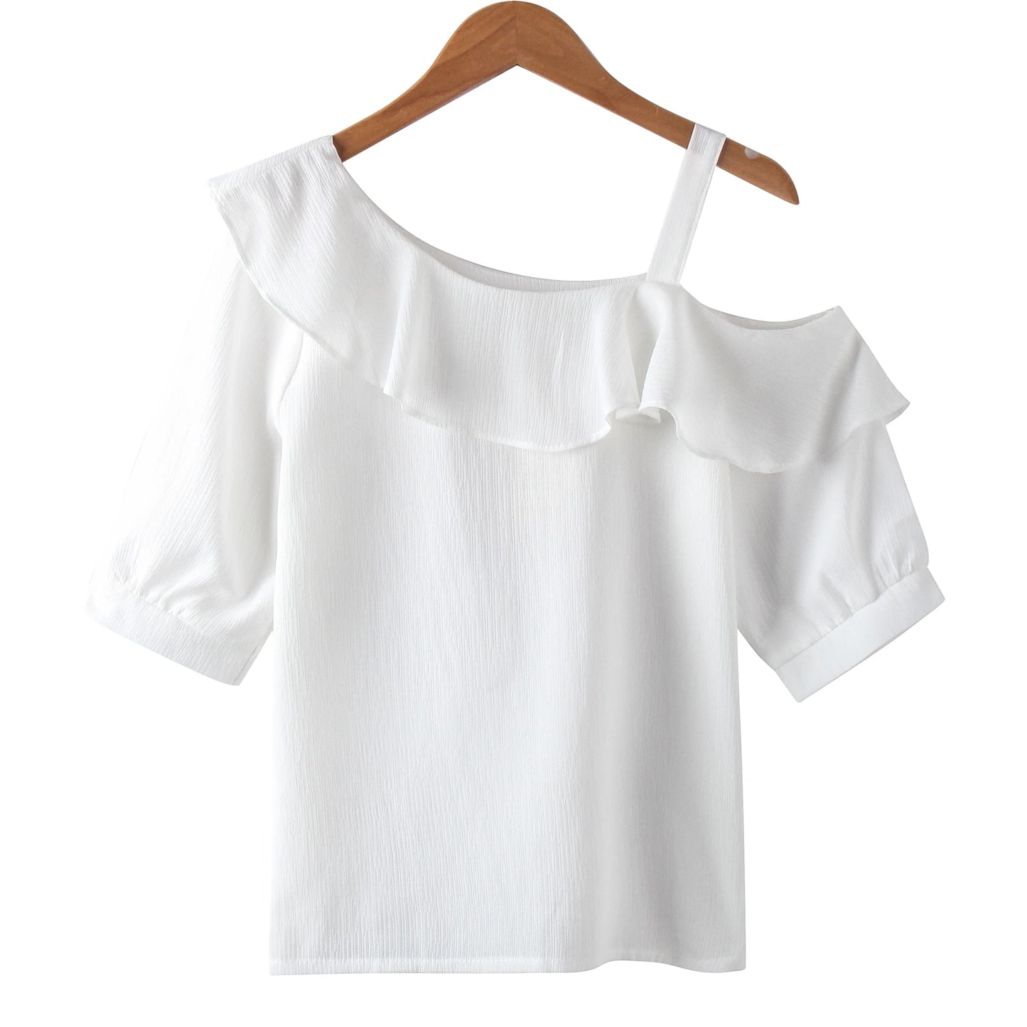 Women's One Shoulder Ruffles Chiffon Blouse Shirt Short Sleeve Pullover Acetate
