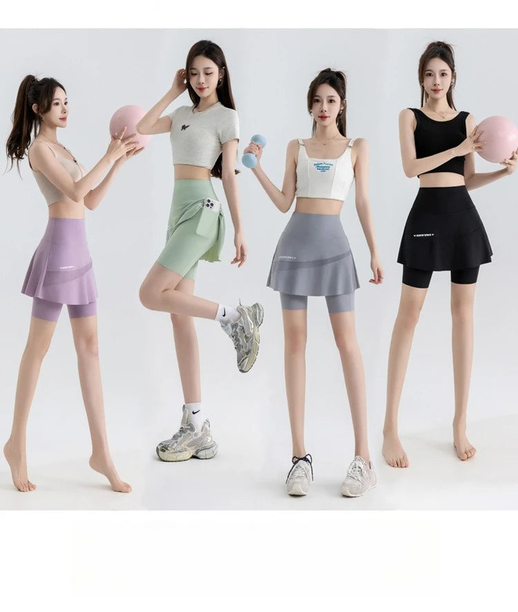 Fake Two Short Skirt Pants with Summer Pockets Crotch Half Skirt for Women High Waisted Oversized Quick Drying Sports Yoga Pants