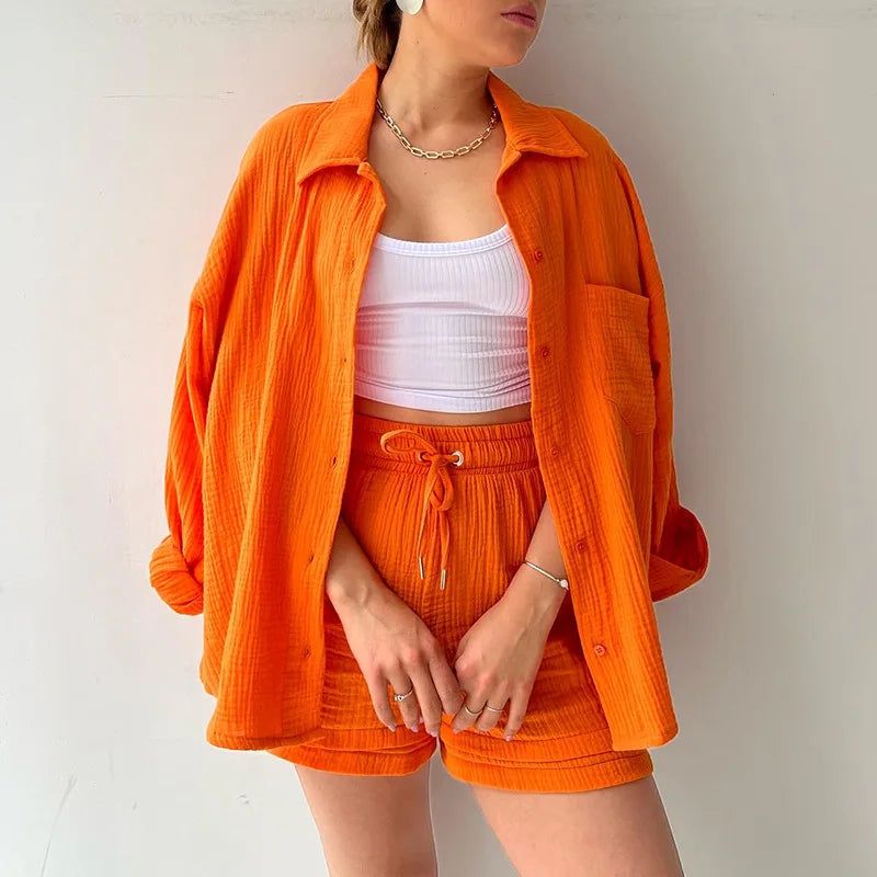 Casual Sleepwear 100% Cotton Pajamas For Women Sets Suit Turn-Down Collar Nine Quarter Sleeve Sleep Tops Shorts Female Homewear