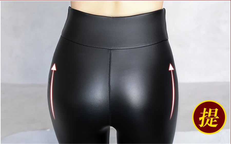 Winter Pu Leather Fleece Lined Leggings Pant Women High Waist Thicken Warm Lamb Fluff Slim Pencil Leggins Black Pantalones