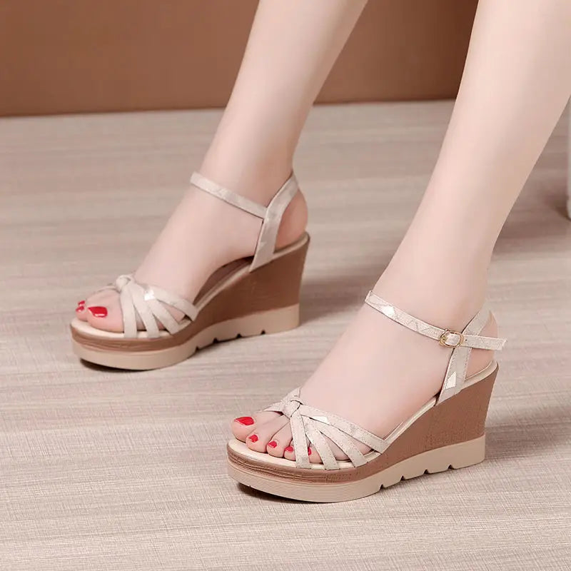 Hot Sale Thick Sole Leather Casual Platform Sandals Women Summer 2026 High Heels Wedges Shoes for Office Beach Mother