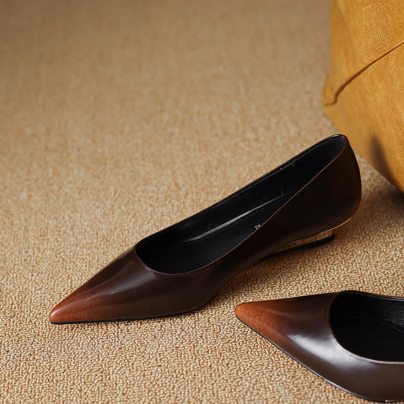 QUTAA 2025 Fashion Women Pumps Shoes Wedge High Heels Pointed Toe Genuine leather Slip-On Office Shoes Dress 34-42