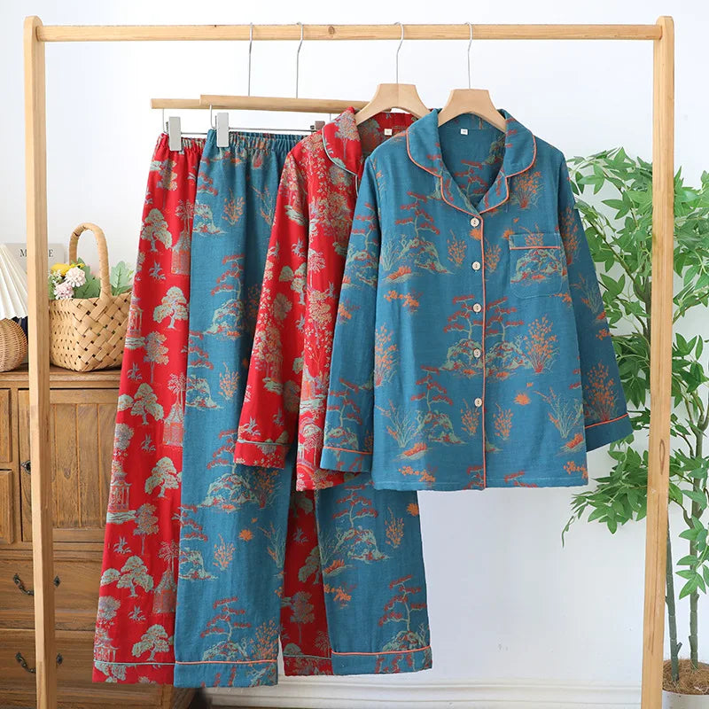 Cotton Jacquard Women's Pajamas Set for Spring and Autumn Retro Color Woven Home Clothes Long Sleeved Pyjamas Women