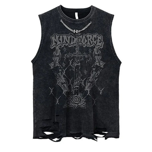 Mens Casual Washed Distressed Vest  Summer New Fashion Versatile Hole Printed Metal Necklace Sleeveless T-Shirt For Men