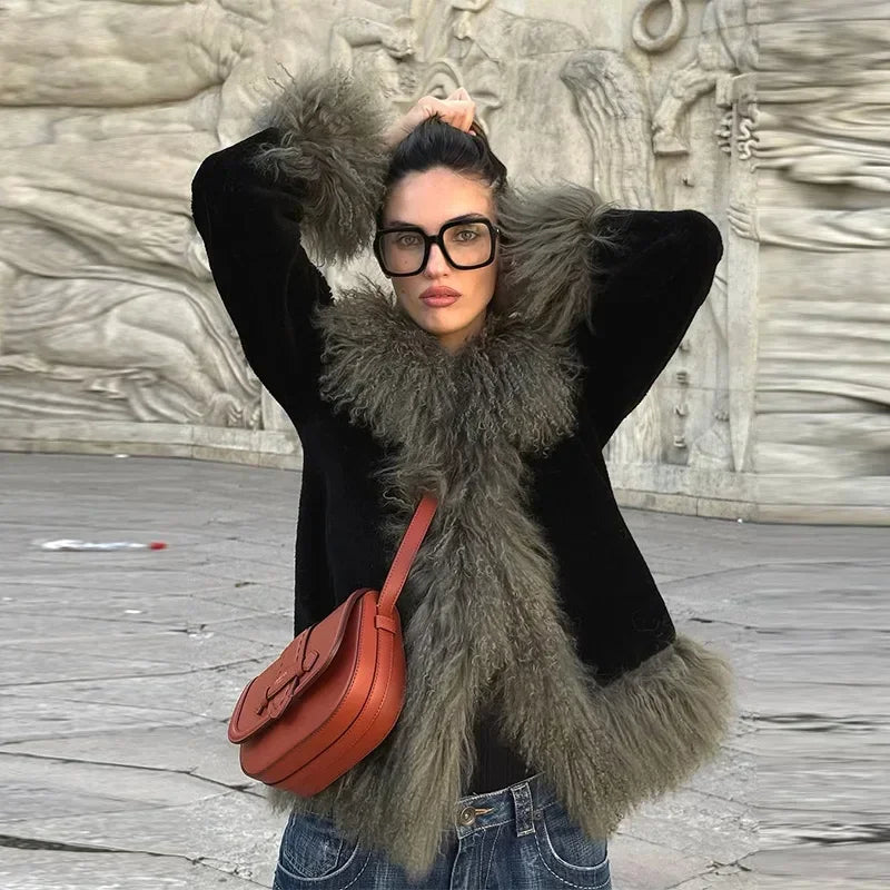 Vintage Patchwork Women's Faux Fur Trim Coat Urban Lapel Full Sleeve Female Jacket Female 2026 Autumn Winter Lady Streetwear New