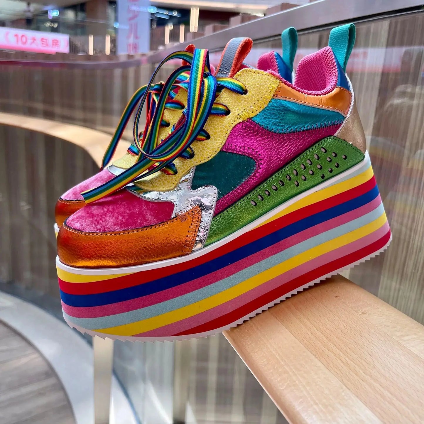 Spring Autumn Women Colourful Sneakers High Platform Shoes Heels Chunky Casual Dad Shoe Genuine Leather Thick Bottom Fashion New