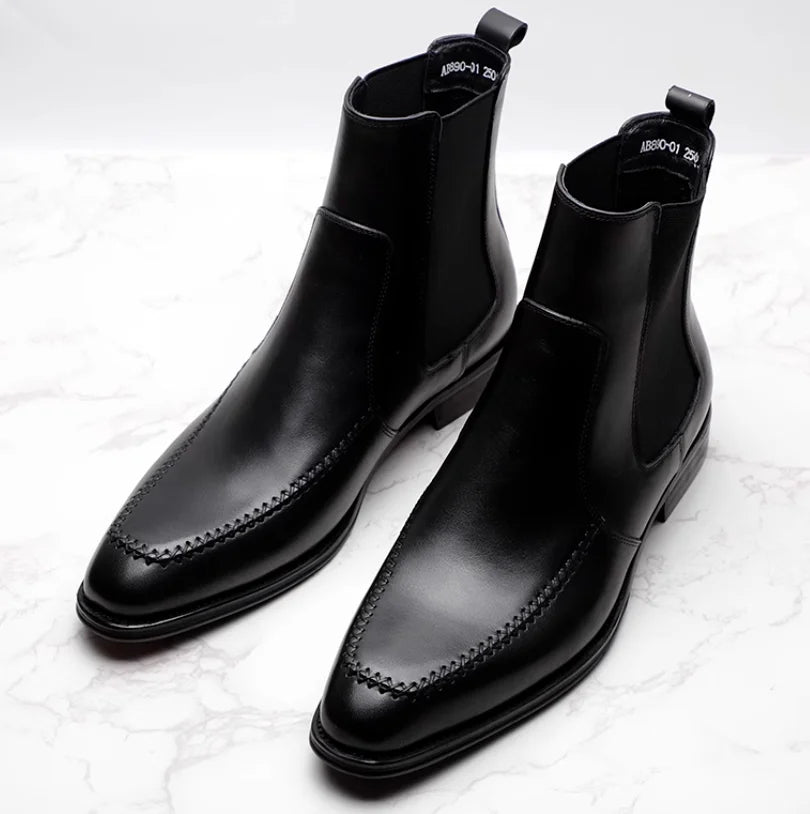 New men's Chelsea boots, youth British pointed leather shoes, vintage sleeve cowhide men's short boots.