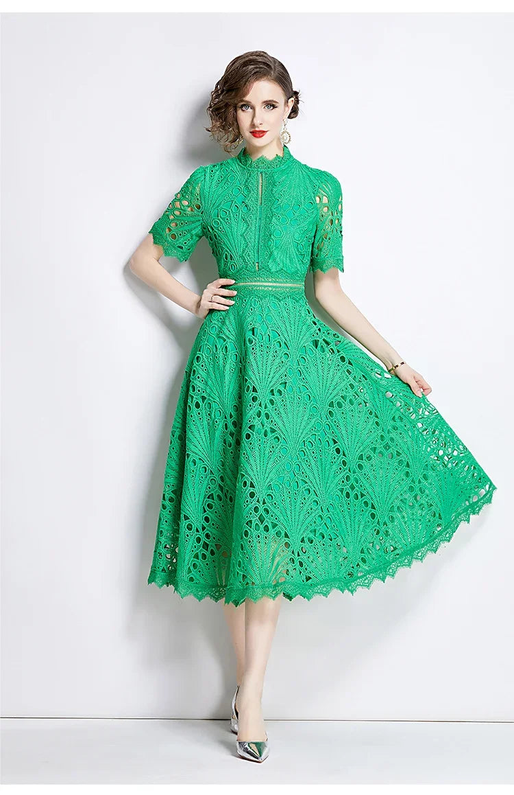 SMTHMA Vintage High-End O-Neck Short Sleeve Lace Hollow Out Dress For Women's Summer Slim Elegant Long Dress Female Clothing