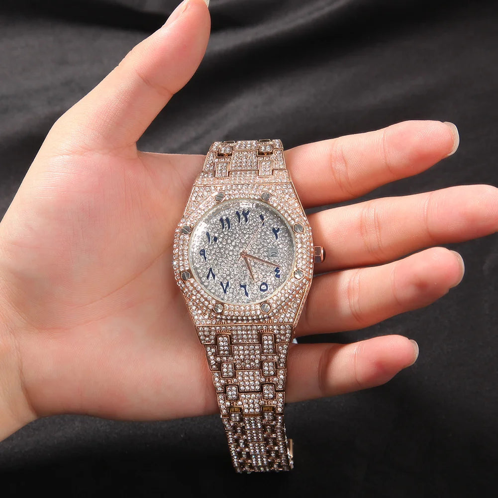 UWIN Hip Hop Stainless Steel Wristwatches for Men Full Iced Out Stones Fashion Luxury Zircon Quartz Square Watches for Gift