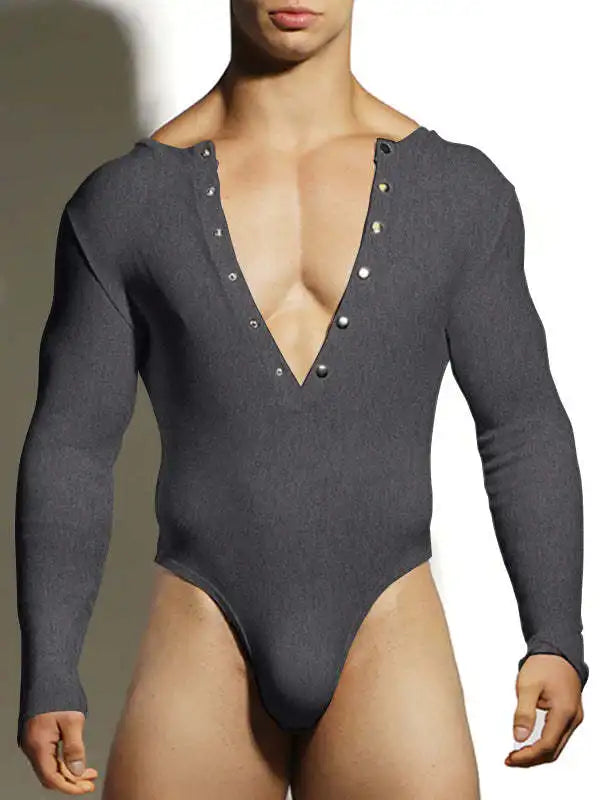 Sexy Home Style Men Rompers Deep V-neck Breathable Stretch Solid Simple Jumpsuits Casual Fashion Long Sleeved Triangle Bodysuits